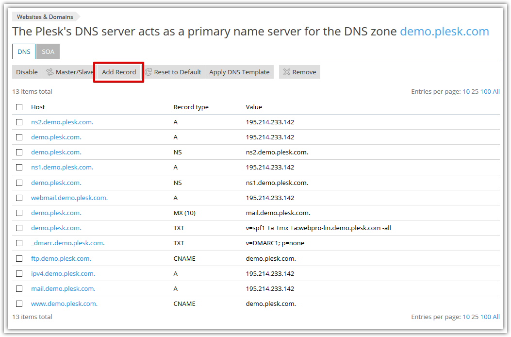 Add DNS record on Plesk Onyx