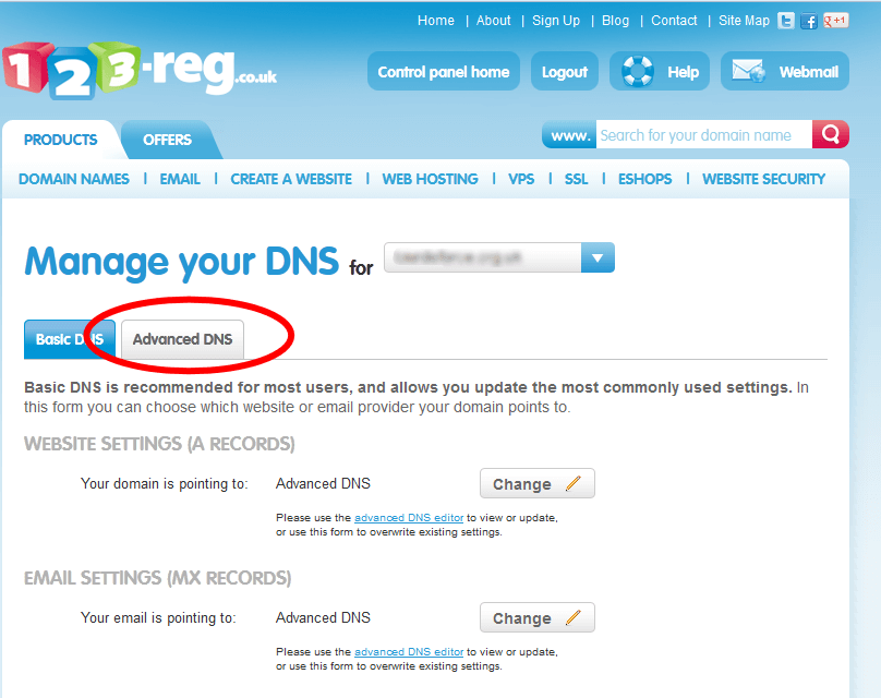 Advanced DNS tab