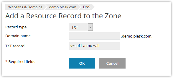 Add SPF record on Plesk Onyx